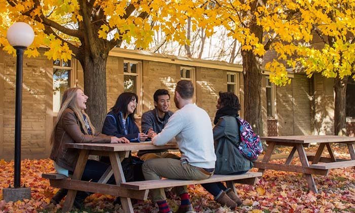 Students sitting at bench outside