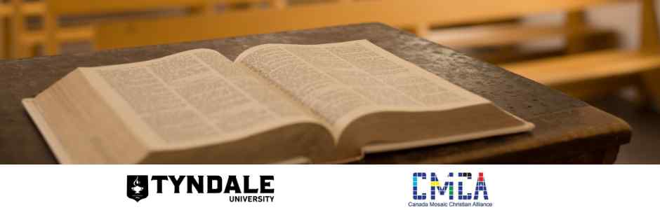 a bible on a stand facing wooden pews in a church and the tyndale and CMCA logo at the bottom