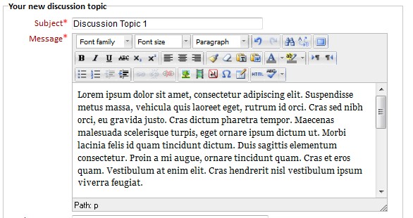 Screenshot of forum post edit form with subject and message fields filled out