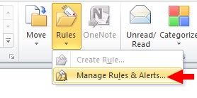 Microsoft Outlook Rules menu item with "Manage Rules & Alerts..." option selected