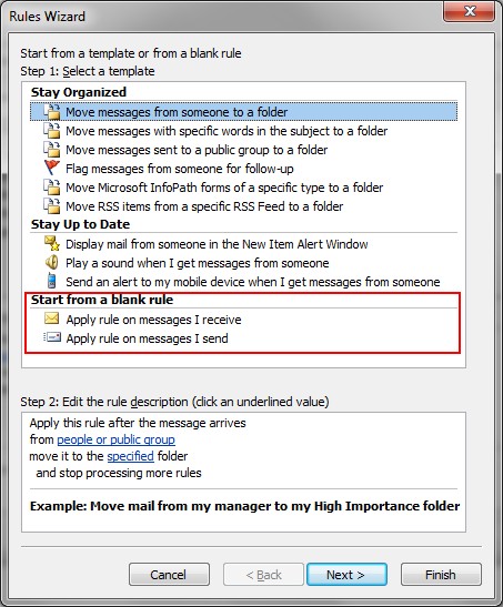 Rules Wizard dialogue box with Start from a blank rule options highlighted