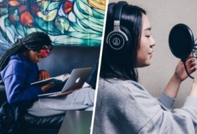 split image with a student sitting on a couch studying and a second student singing into a microphone recording music