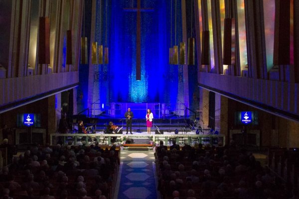 View of the audience with Dr. Davis and Saj McKenley on stage